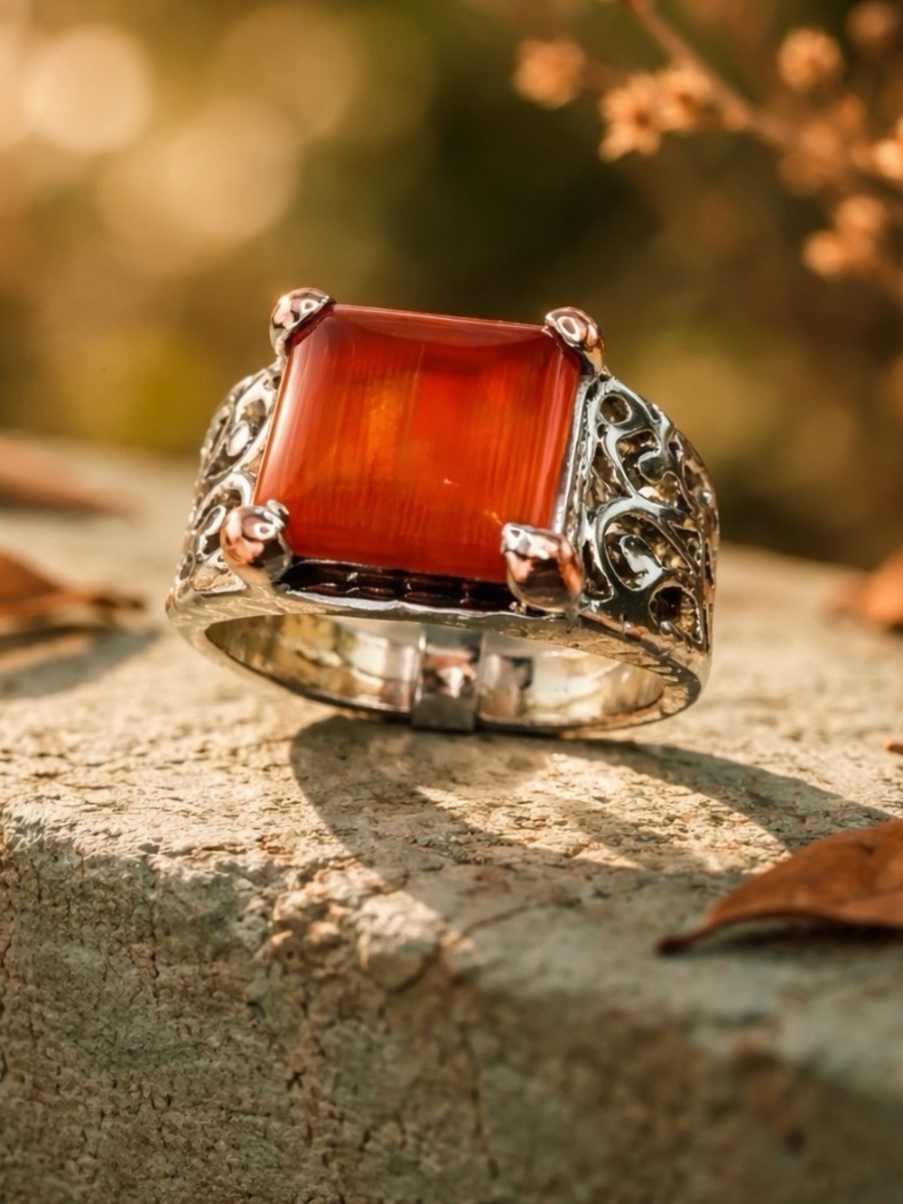 Men's Red Agate
Square Cut Silver Tone Ring Size 8